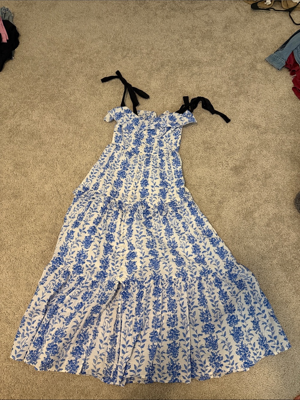 Vici White and Blue Floral Tiered Sundress with Black Tie Straps